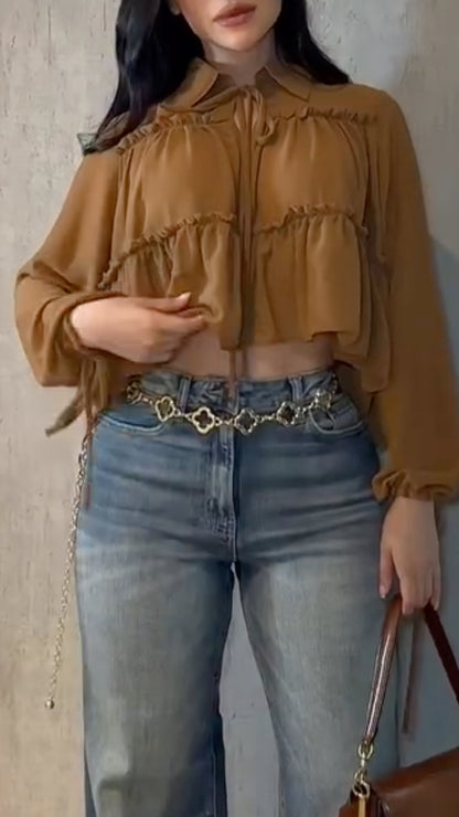 Women's Lapel Top with Chiffon Splicing