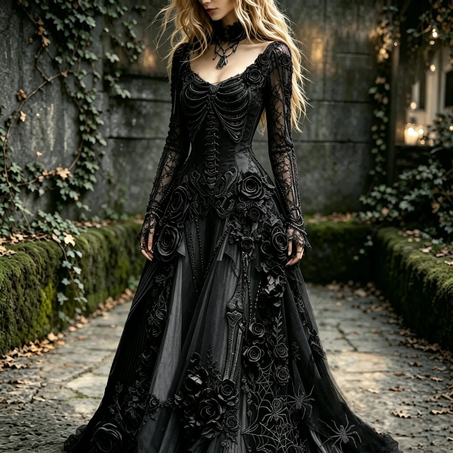 Women's Retro Gothic Black Rose And Human Skeletal Art Pattern Maxi Dress