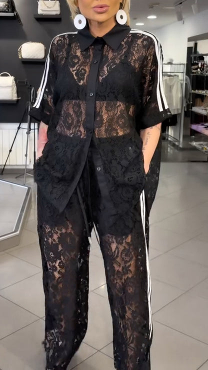 Black Lace Lapel Striped 2 Piece Set