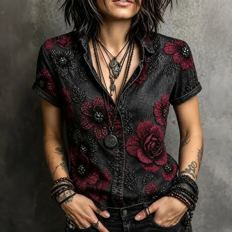Women's Dark Floral Design Short-sleeve Shirt