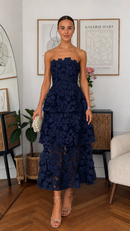 3D Floral Strapless Tiered Midi Dress