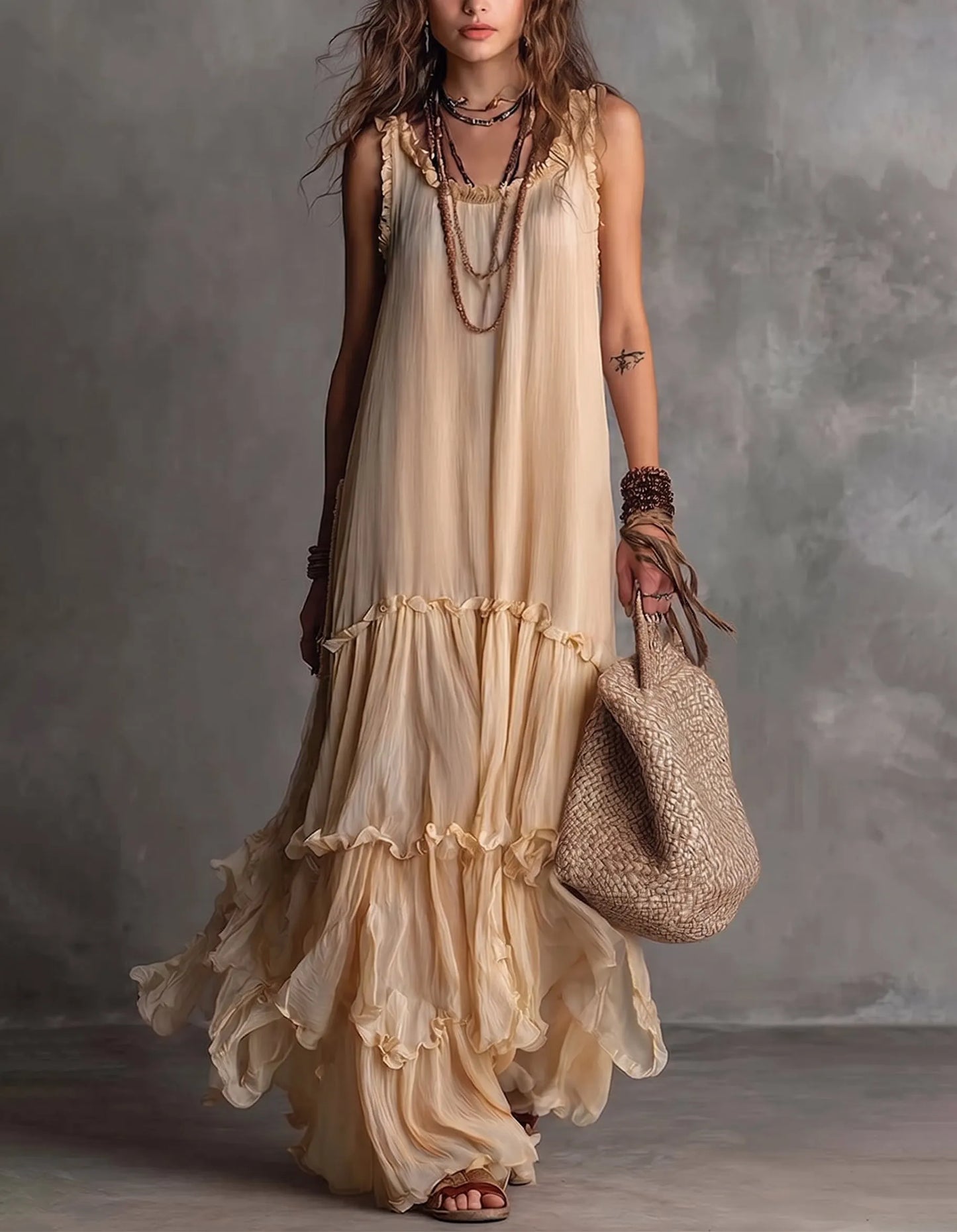 Resort Style Sleeveless Spaghetti Strap Maxi Dress Women's Loose Chiffon Ruffled Beach Dress