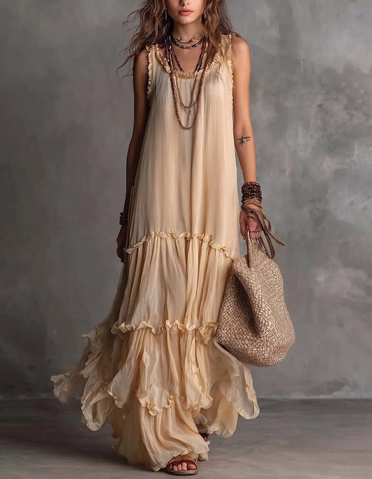 Resort Style Sleeveless Spaghetti Strap Maxi Dress Women's Loose Chiffon Ruffled Beach Dress