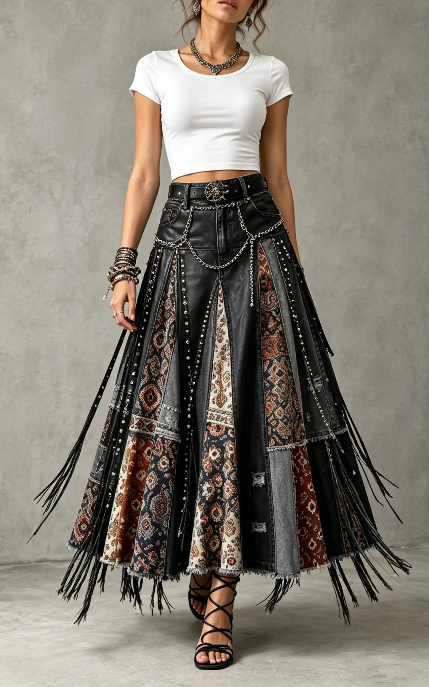 Patchwork Faux Leather Fringe Maxi Skirt