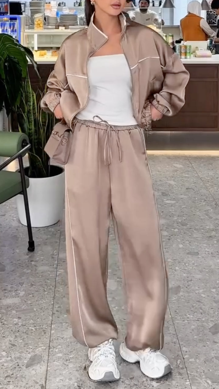 Khaki Satin Casual Sportswear 2-Piece Set