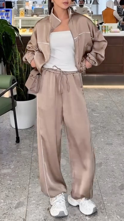 Khaki Satin Casual Sportswear 2-Piece Set
