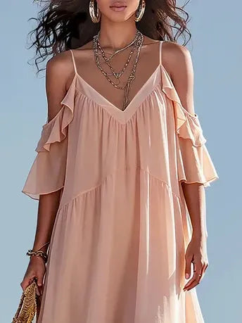 Dreamy Pink Off-shoulder Chiffon Ruffled Maxi Dress