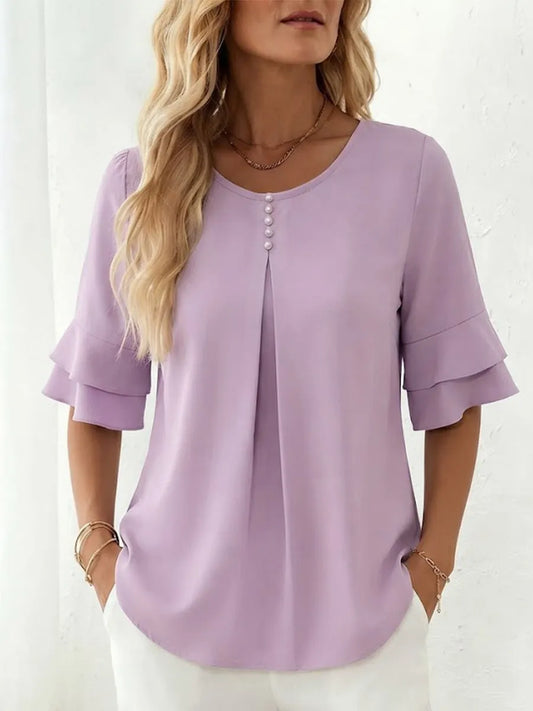 Loose-fit, Slimming Short-sleeved Shirt With Double-layer Ruffles