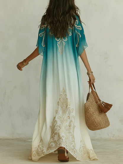 Gradient Gold Printed Kaftan Flowing Maxi Dress