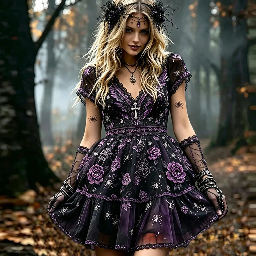 Women's Halloween Spider And Floral Art V-neck Short Sleeve Dress