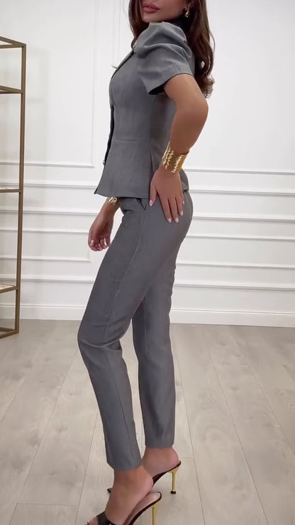 Grey Puff-Sleeve Tailored Suit