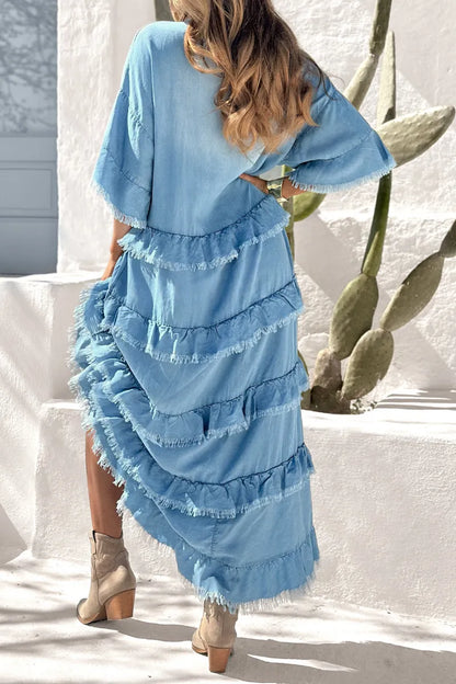Blue Fringe Tiered Denim Maxi Dress