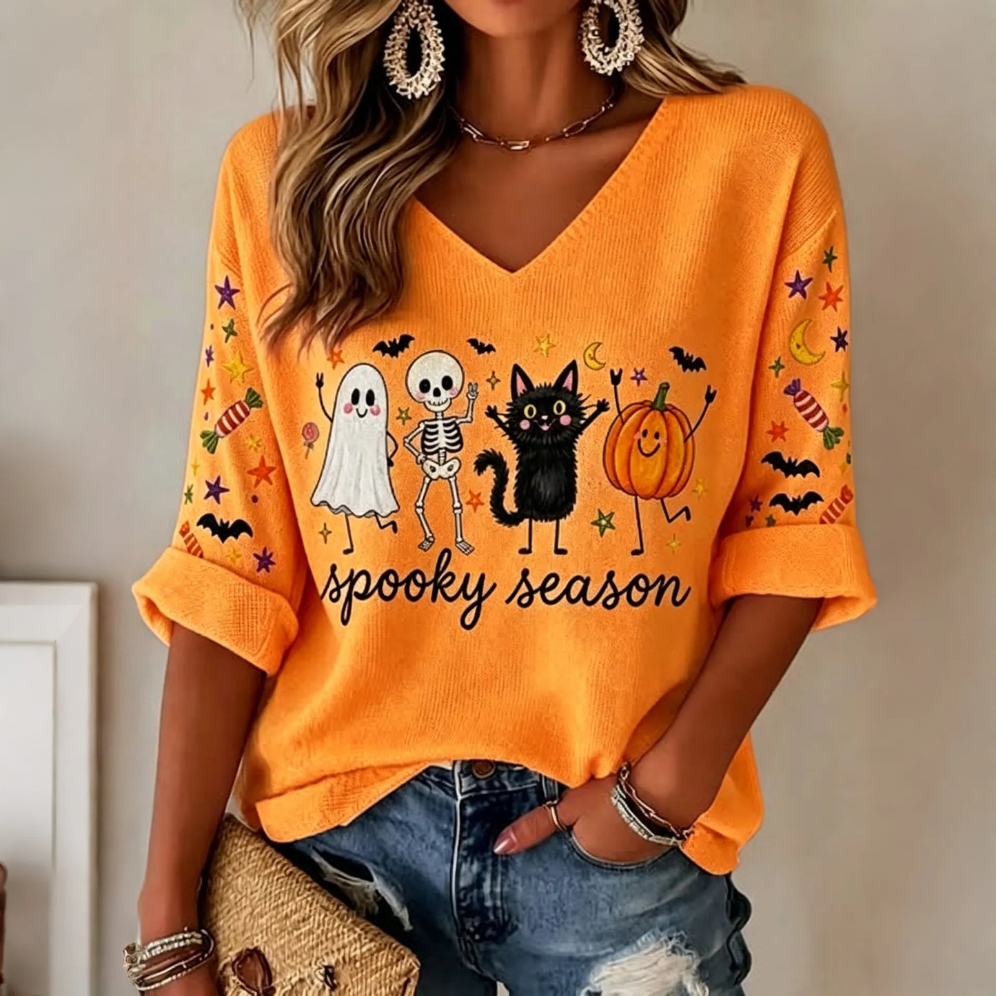 Women's Retro Spooky Season Ghost Pumpkin Print Casual T-shirt