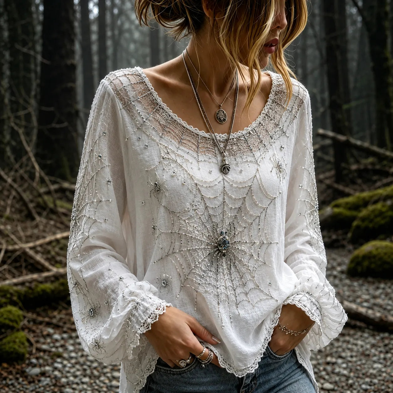 Women's Vintage Halloween Spider And Web Embroidery Art Crew Neck Long Sleeve T-shirt