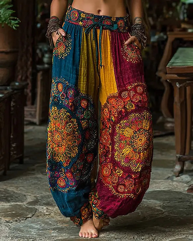 Women's Summer Vacation Floral Embroidered Linen Patchwork Pants  49fa