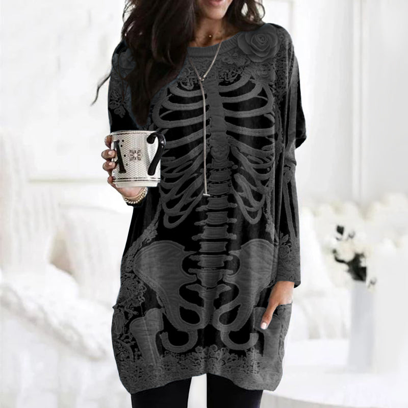 Women's Halloween Skeleton Bones With Rose Art Cozy Knit Turtleneck Mini Sweater Dress