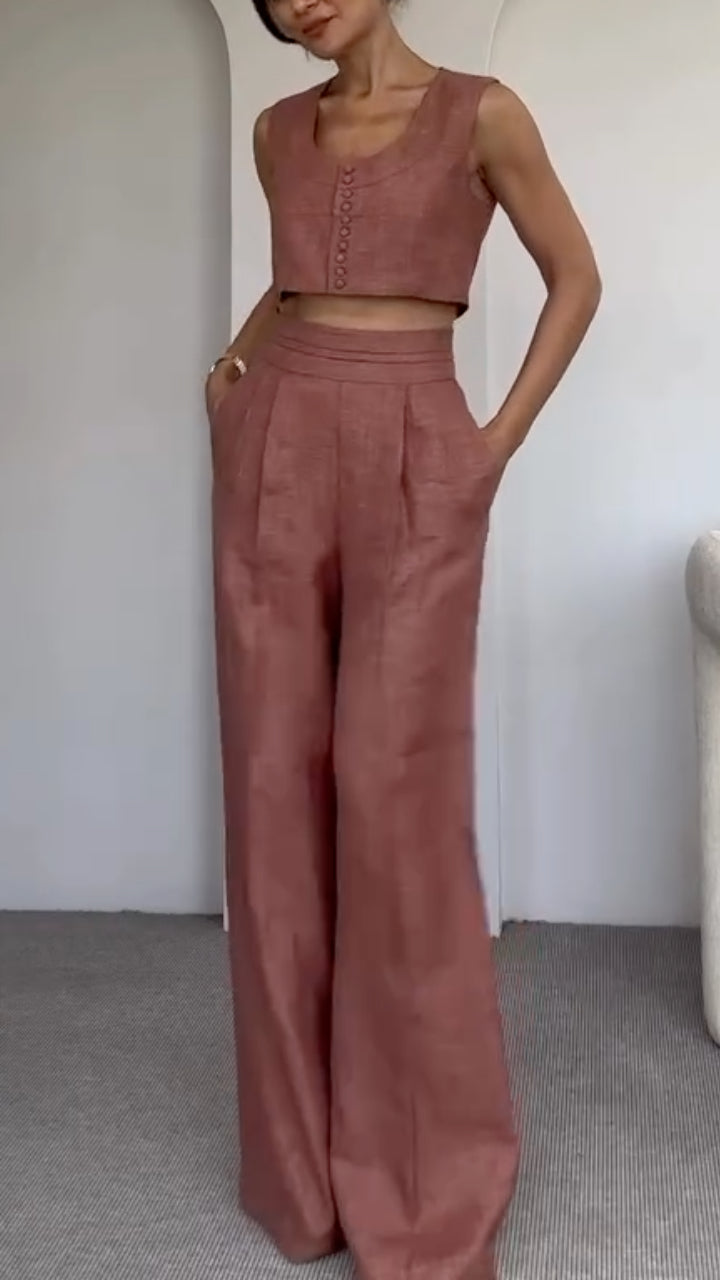 Linen Crop Top & High-Waisted Pants Set