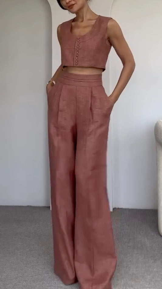 Linen Crop Top & High-Waisted Pants Set