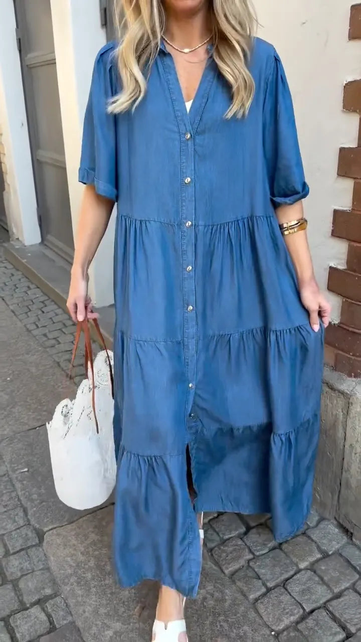 Blue Chambray Tiered Maxi Dress
