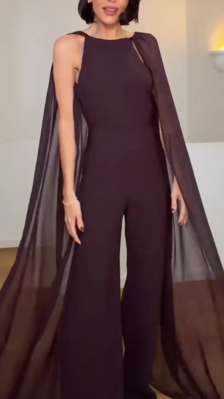 Chiffon Cape Sleeve Flared Leg Formal Jumpsuit