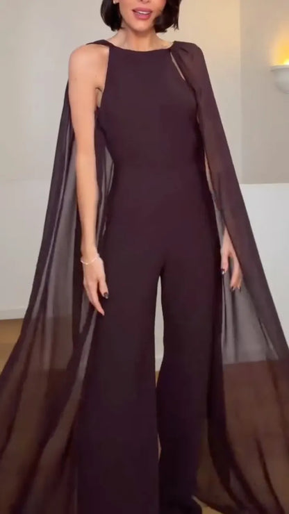 Chiffon Cape Sleeve Flared Leg Formal Jumpsuit