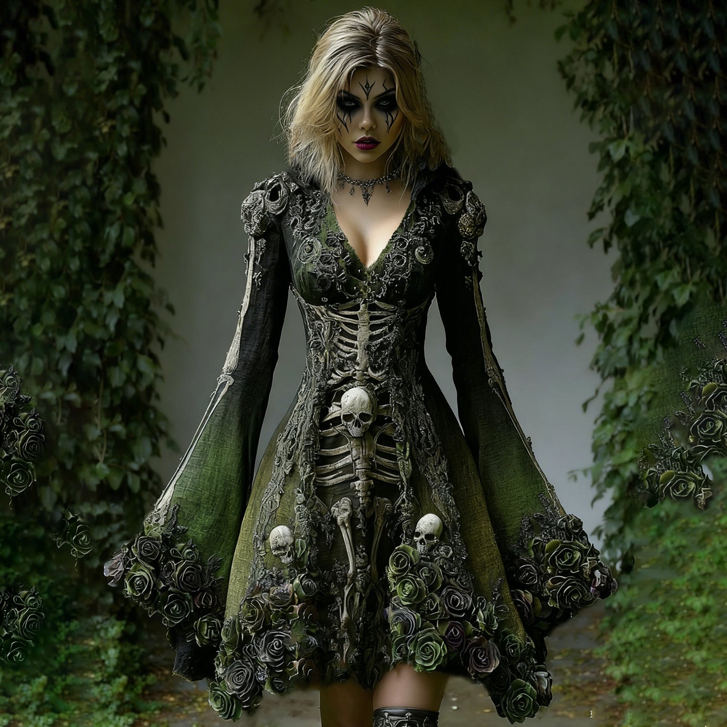 Women's Rose Human Skull Pattern Maxi Dress