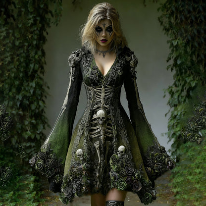 Women's Rose Human Skull Pattern Maxi Dress