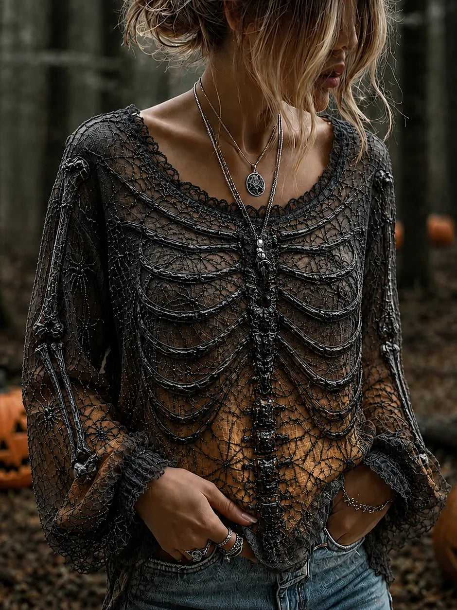 Women's Vintage Skeleton Spider Art Long Sleeve T-shirt