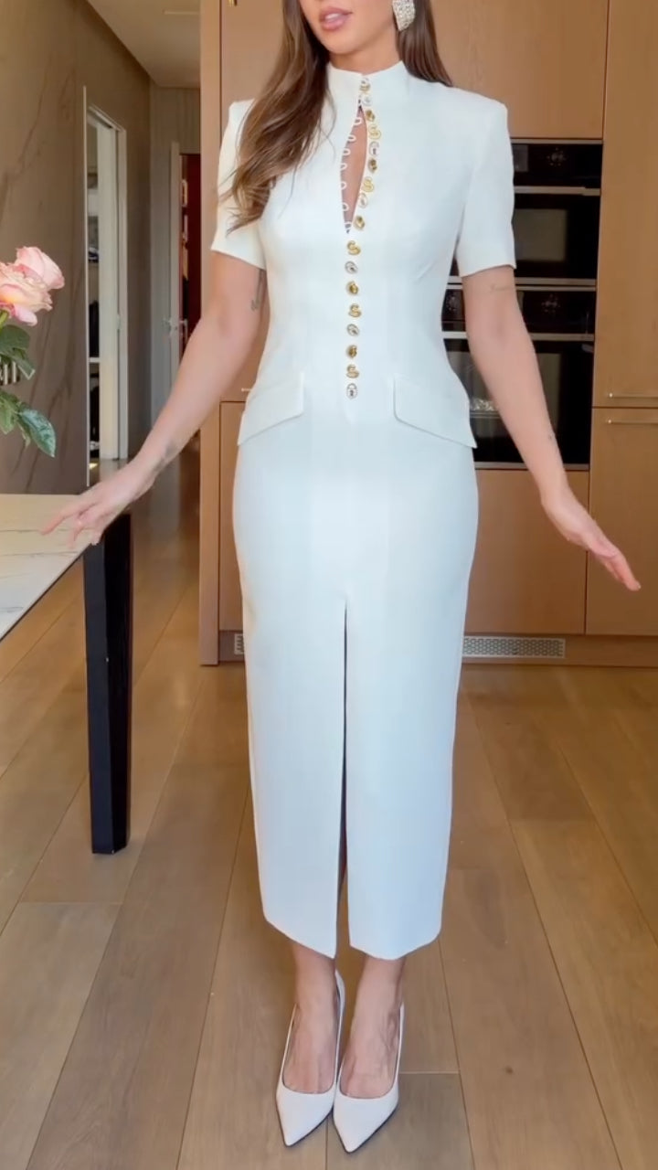Women's Long Driving Dress with Stand Collar and Multiple Buttons