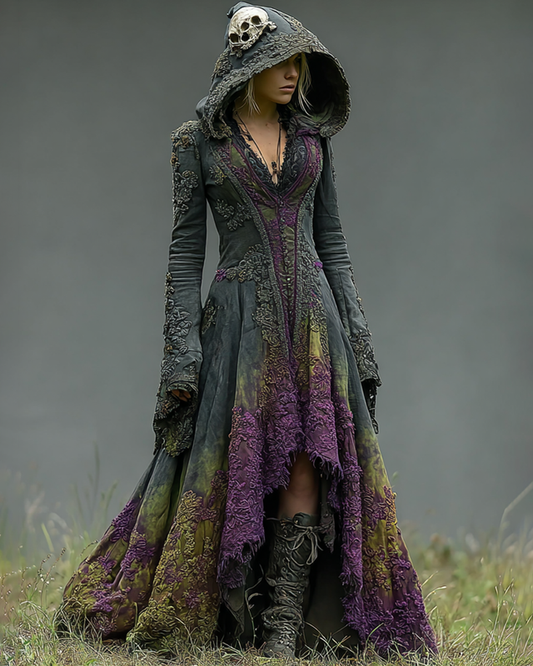 Halloween Themed Irregular Gradient Lace Patchwork Hooded Dress d60c