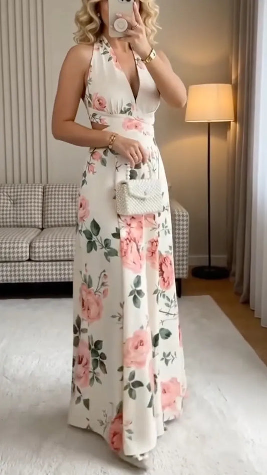 Floral Halter Cutout Jumpsuit