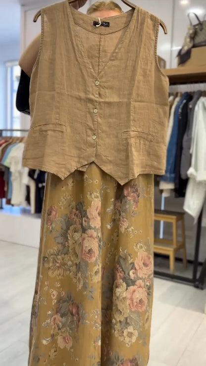 Retro Linen Vest & Floral Wide-Leg Pants Set