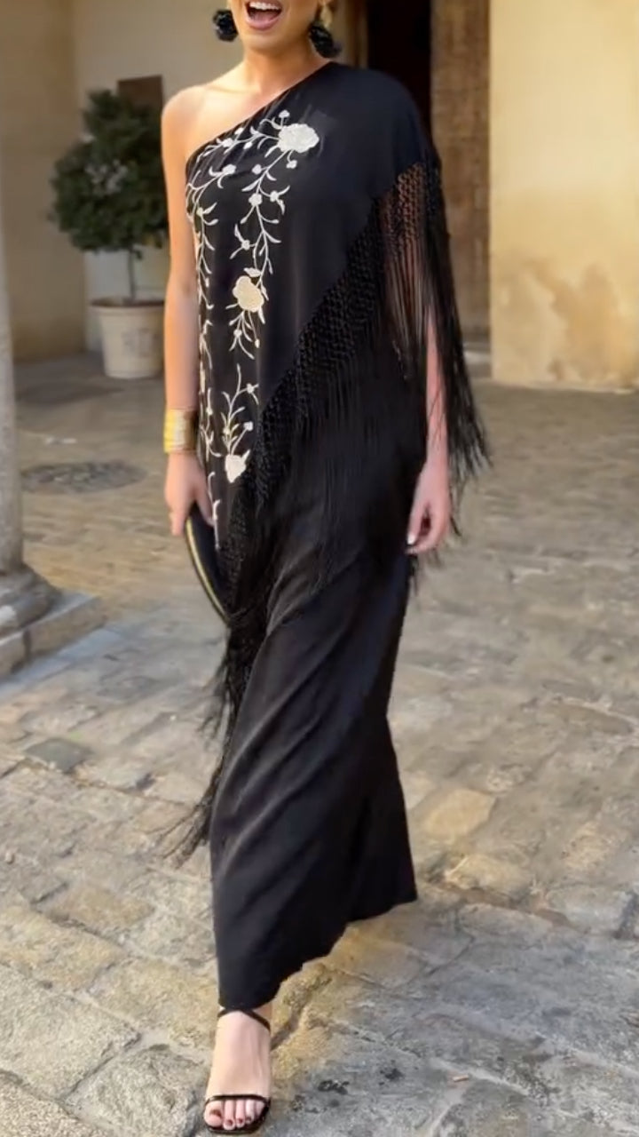One Shoulder Floral Embroidered Fringe Split Maxi Evening Party Dress