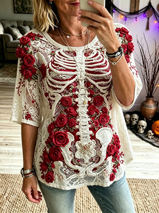 Women's Retro Halloween Bloody Human Skeleton With Floral Art Casual Tops