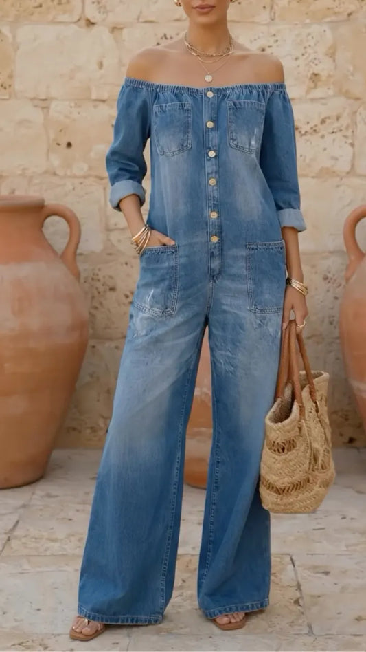 Blue Denim Off-Shoulder Jumpsuit