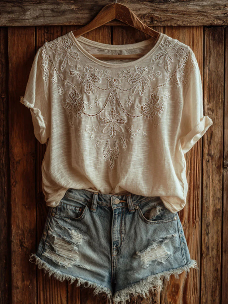 Women's Retro Lace Floral Embroidery Casual Short-sleeve T-shirt