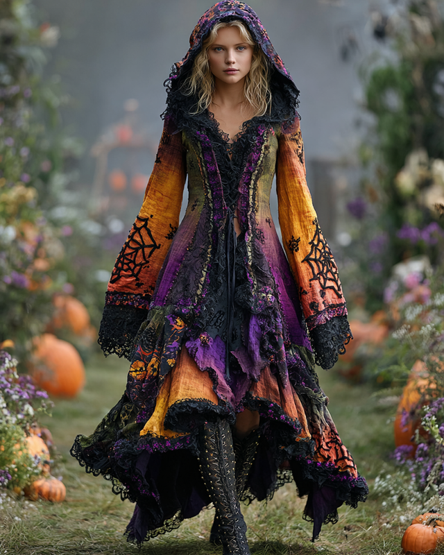 Halloween Themed Irregular Gradient Spiderweb Embroidery Lace Patchwork Hooded Dress e4a4