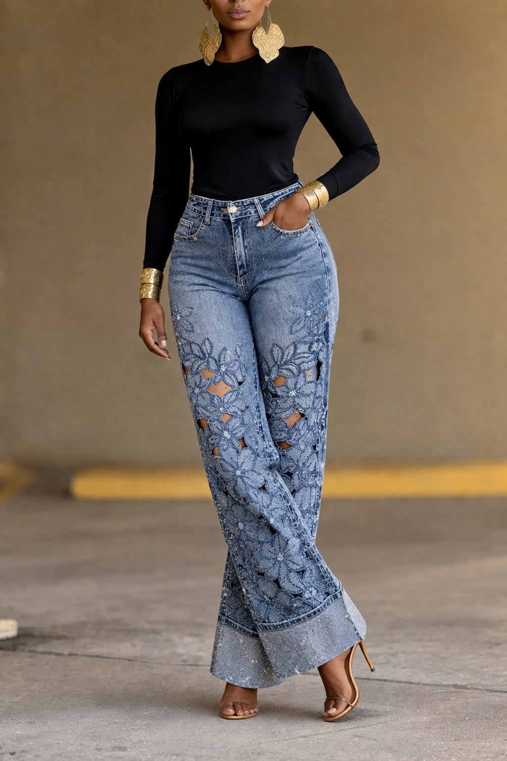 Light Blue Floral Cutout Rhinestone Wide Leg Jeans