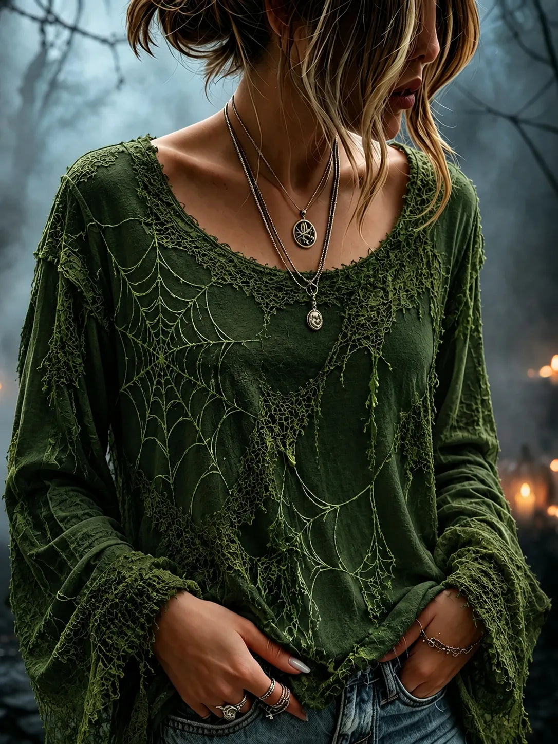 Women's Retro Halloween Spider Web Art Casual Long Sleeve Tops