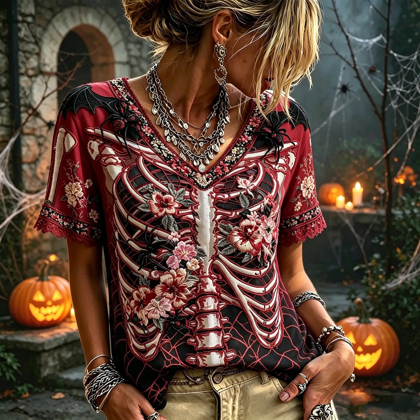 Gothic Skeleton Ribcage Floral Embroidery Halloween Bat Spider Lace  V-neck Top