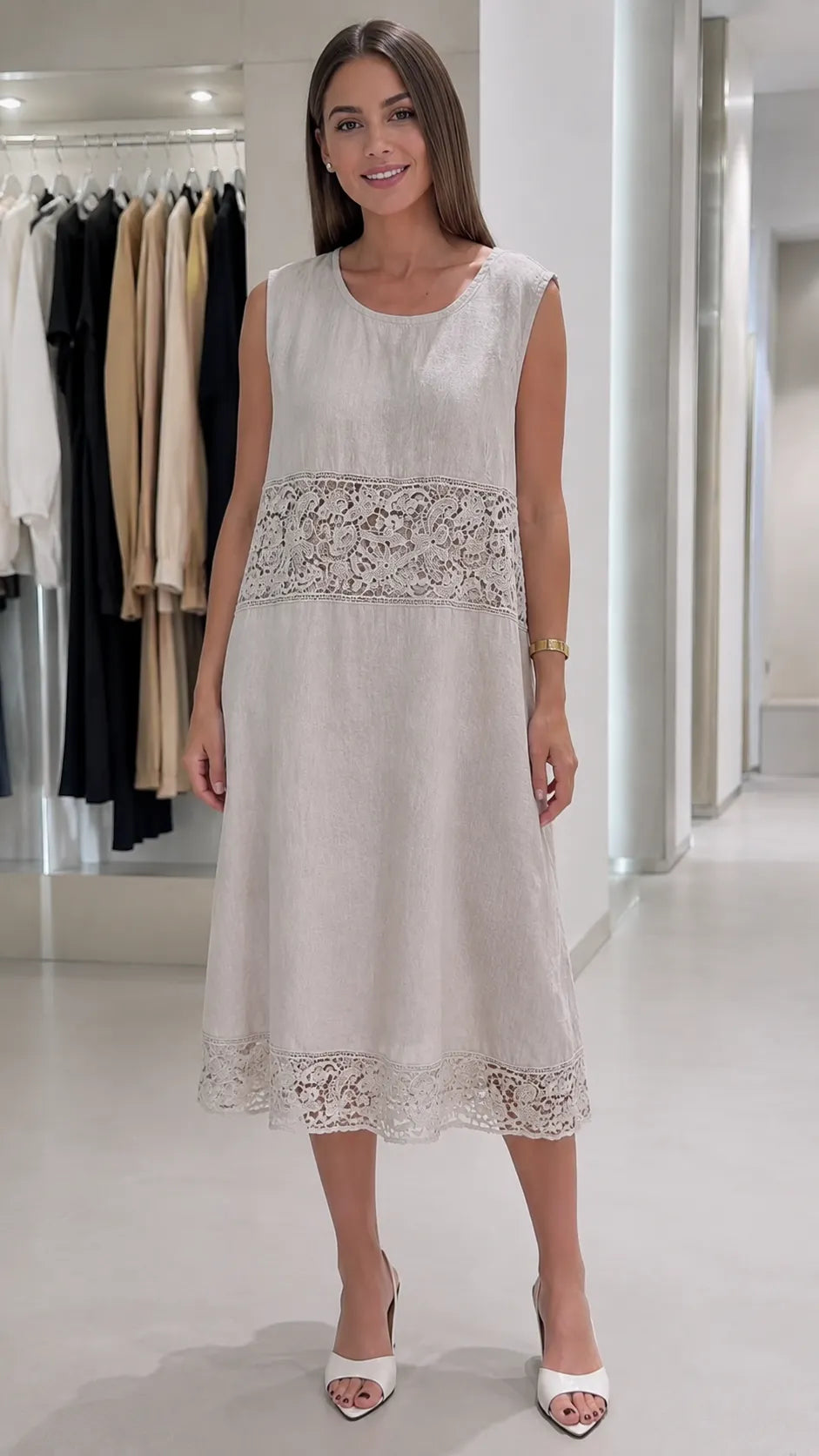 Lace Sleeveless Linen Midi Dres
