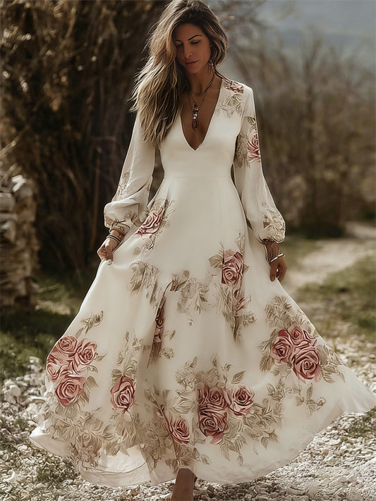Vintage Cottagecore Roses Print V Neck Flowy Maxi Dress