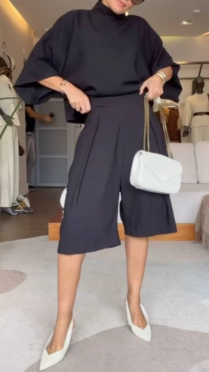Oversized High Neck Cape Top & Culottes Two-Piece Set