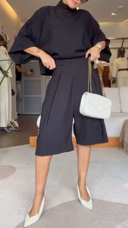 Oversized High Neck Cape Top & Culottes Two-Piece Set