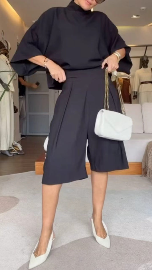 Oversized High Neck Cape Top & Culottes Two-Piece Set
