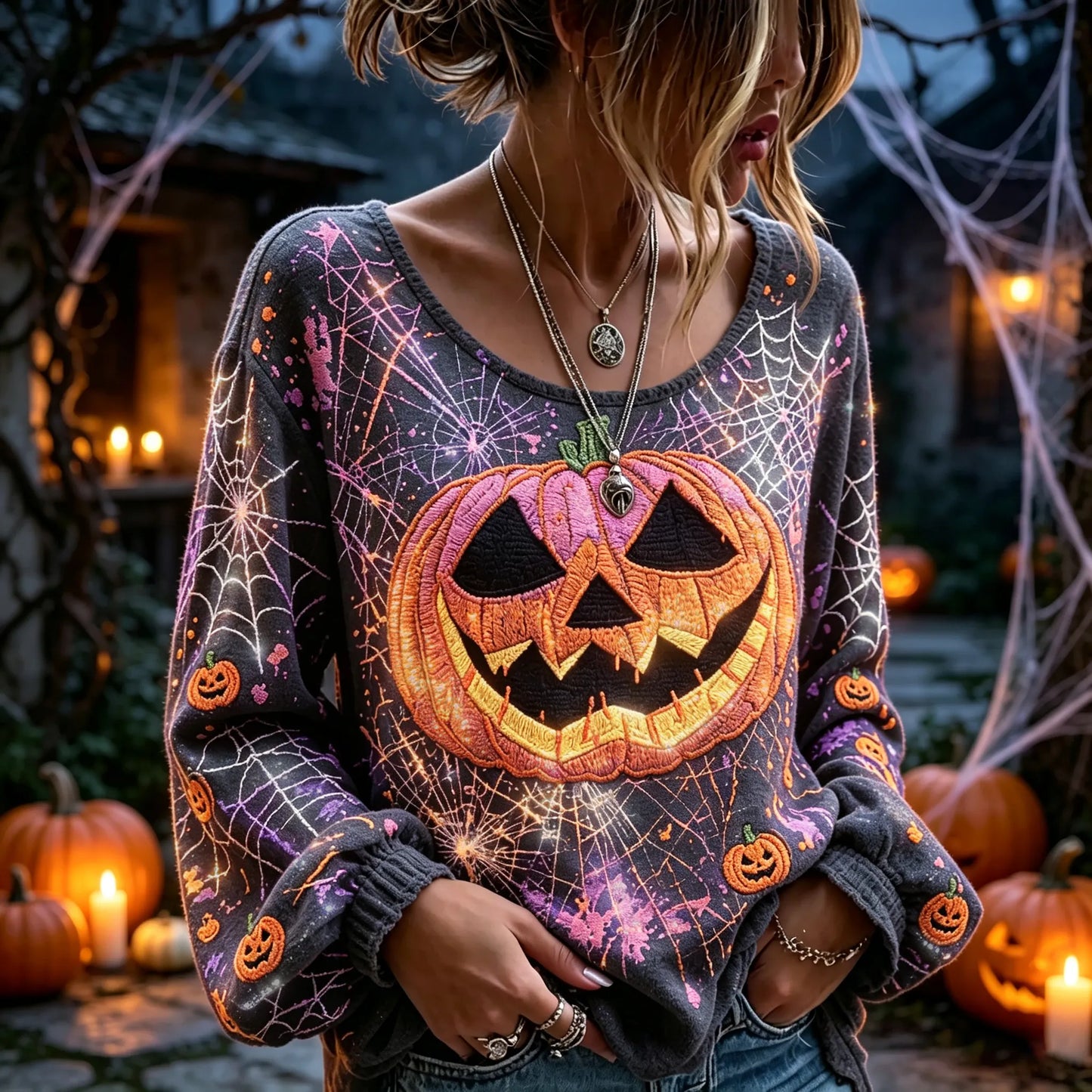 Women's Retro Halloween Pumpkin Spider Web Embroidered Long-sleeve T-shirt