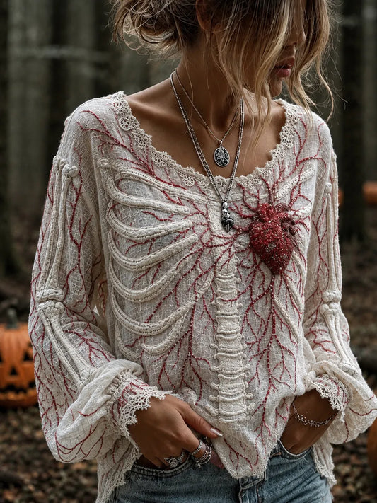 Women's Vintage  Skeleton Heart Rhinestones Art Long Sleeve T-shirt