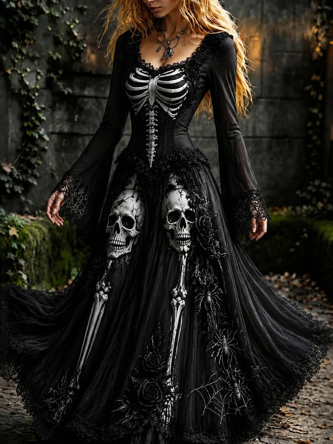 Women's Retro Gothic Skeleton Pattern Maxi Halloween Dress