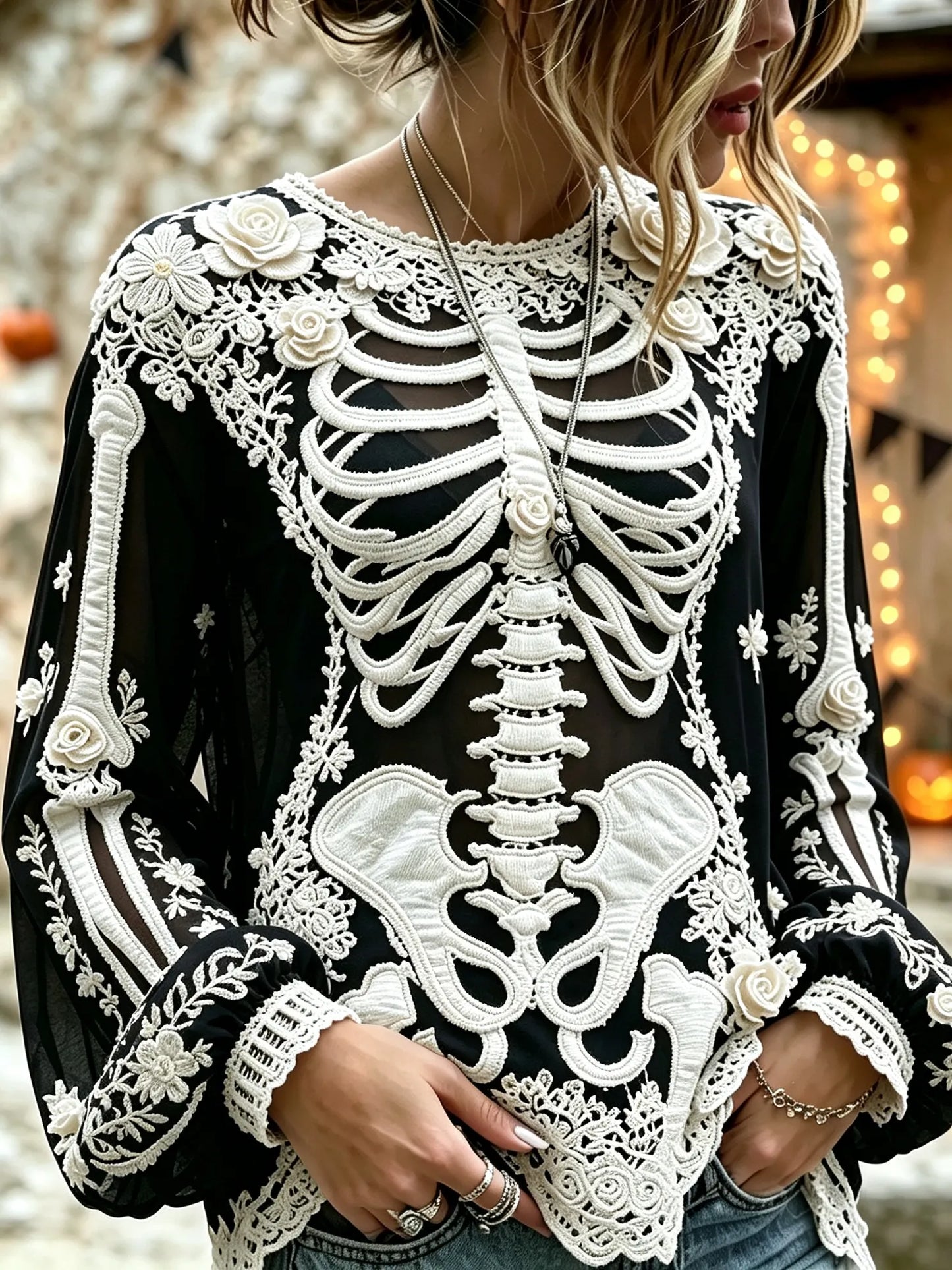 Women's Retro Halloween Bloody Human Skeleton With Floral Art Casual Long Sleeve Tops