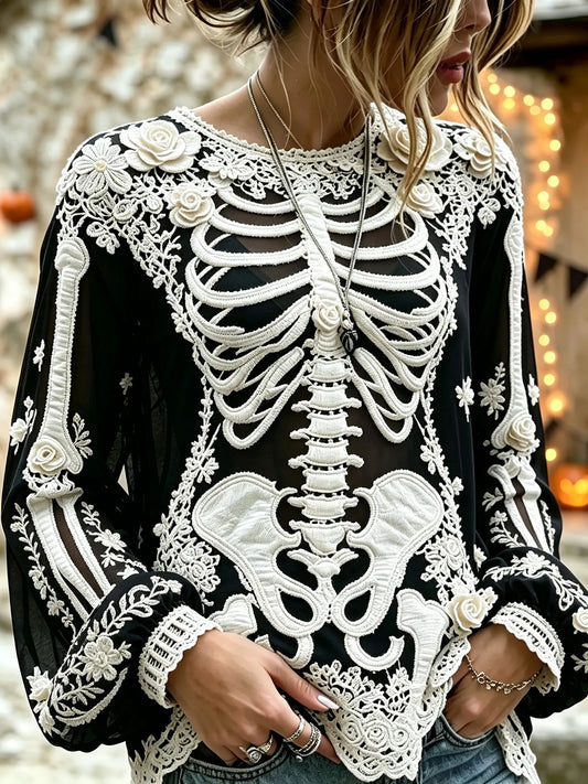 Women's Retro Halloween Bloody Human Skeleton With Floral Art Casual Long Sleeve Tops